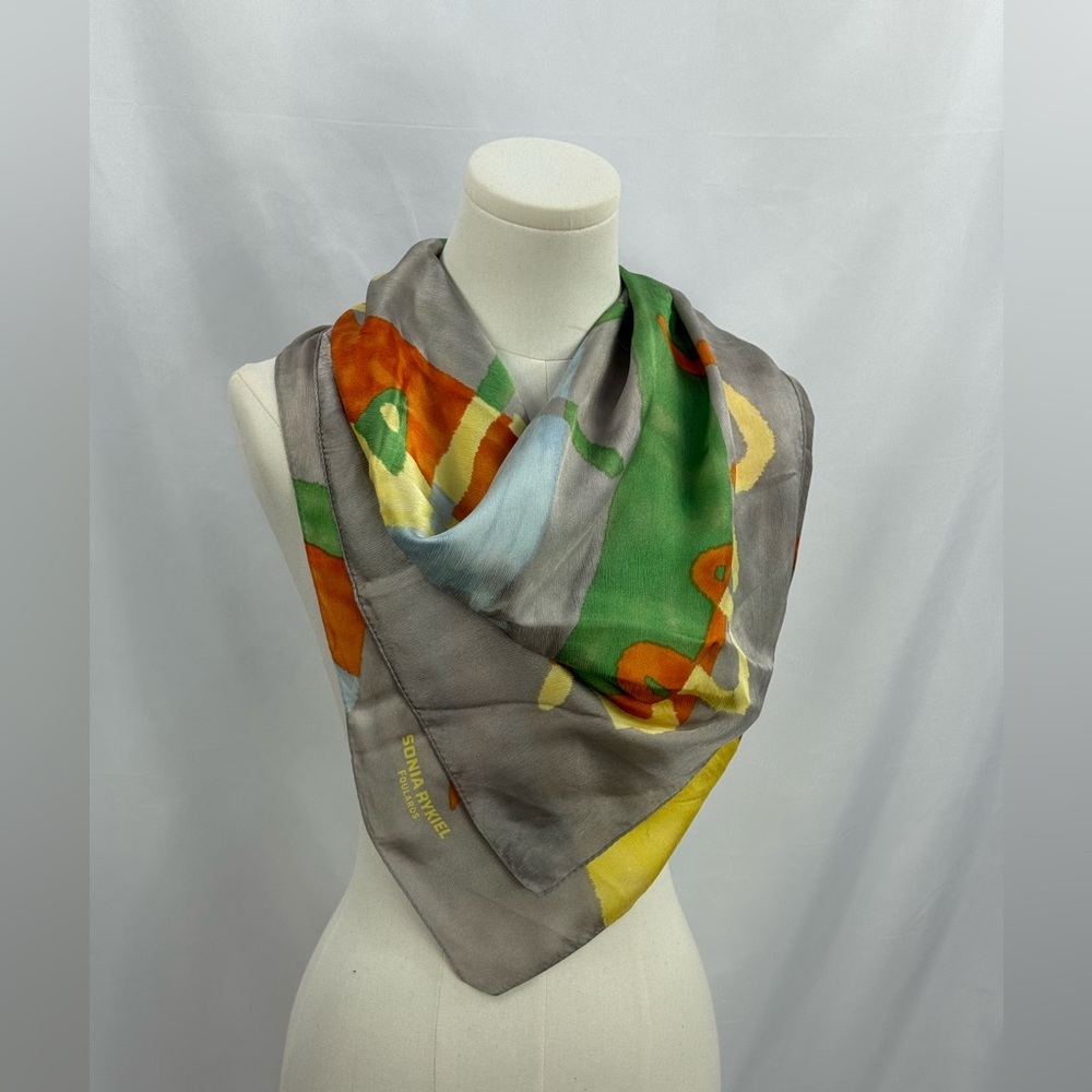 Sonia Rykiel Foulards 100% Silk Square Scarf Abstract Gray Green Yellow